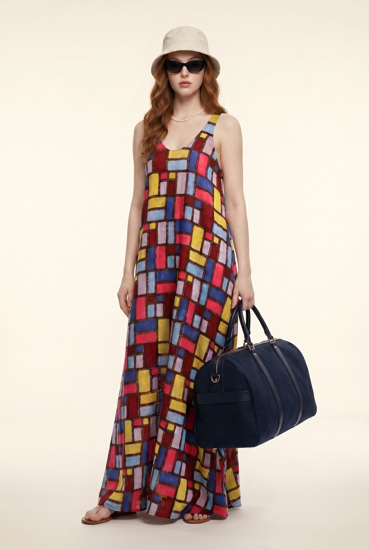 Full-body editorial fashion portrait of the exact same girl from ___image_1___ — same red-auburn wavy hair, same face, same skin tone. FULL BODY from head to toe visible, entire figure shown including.jpg