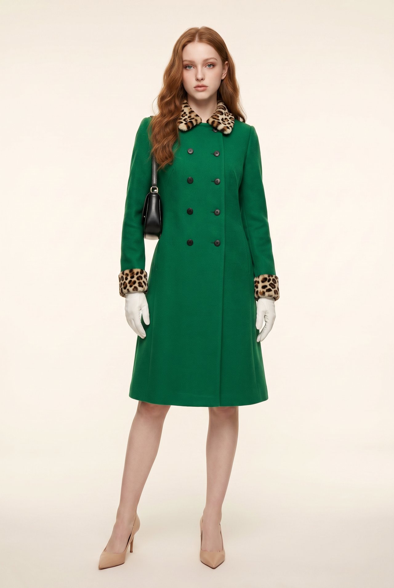 Full-body editorial fashion portrait of the exact same girl from ___image_1___ — same red-auburn wavy hair, same face, same skin tone. FULL BODY from head to toe visible, entire figure shown including.png