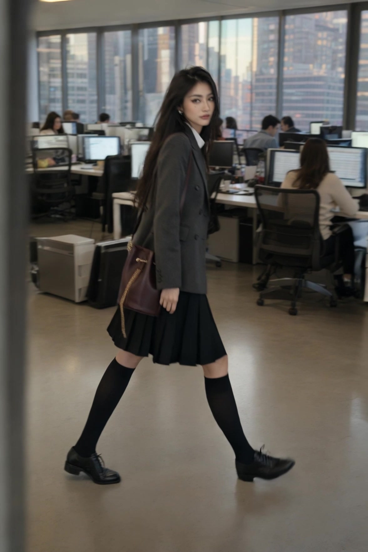 NYC Office Walk - Grey Blazer Pleated Skirt