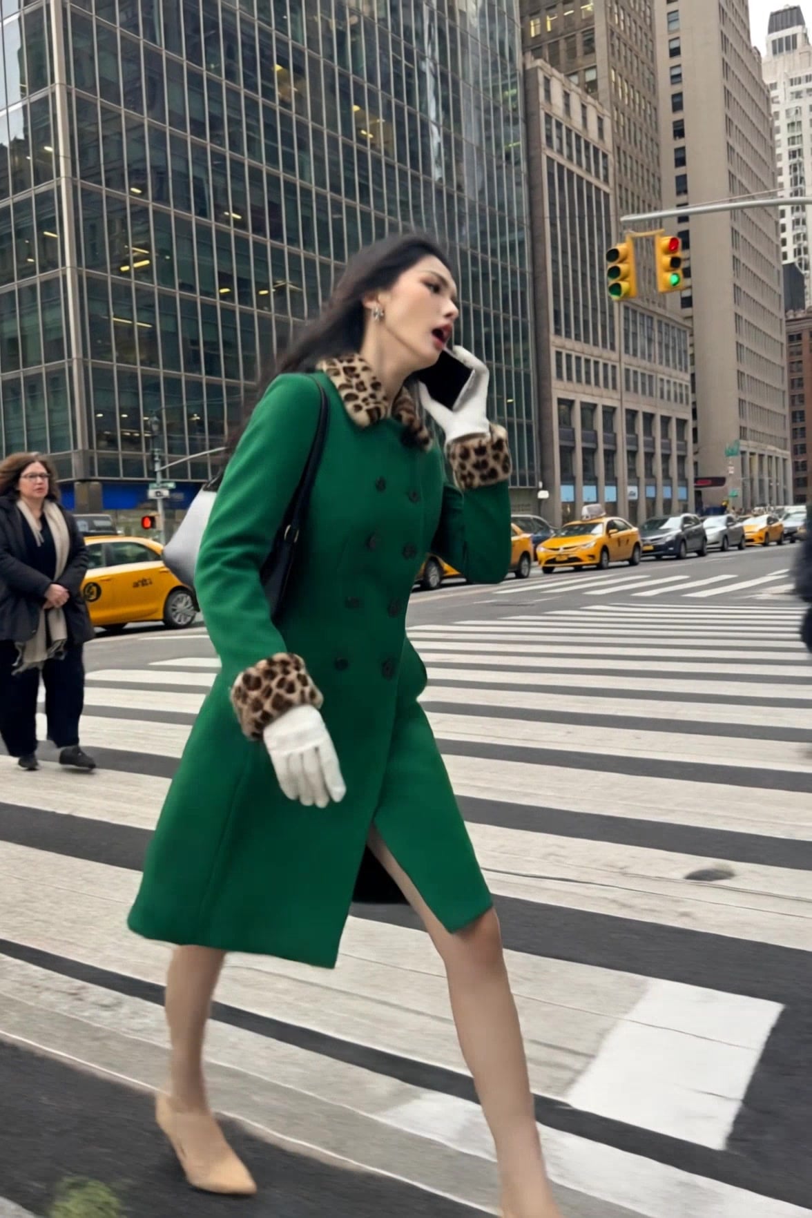 NYC Crosswalk - Running Phone Call Green Coat